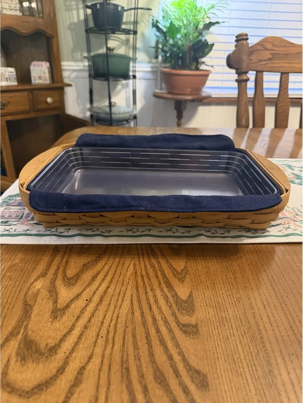 Longaberger 2004 Woven Wood Rectangle Storage Basket Blue Liner Protector